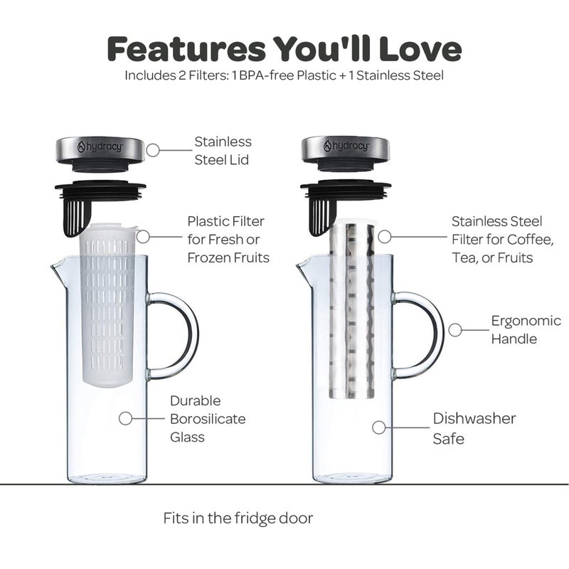Hydracy Cold Brew Coffee Maker - Large Glass Infusion Pitcher 1.6 Quarts 52oz - Iced Coffee & Iced Tea Pitcher with Stainless Steel Lid & Fruit Infusion Tube - Perfect for Home or Office - Image 2